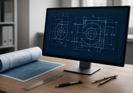 A computer screen displaying blueprints and engineering drawings alongside rolled up architectural plans on a wooden des