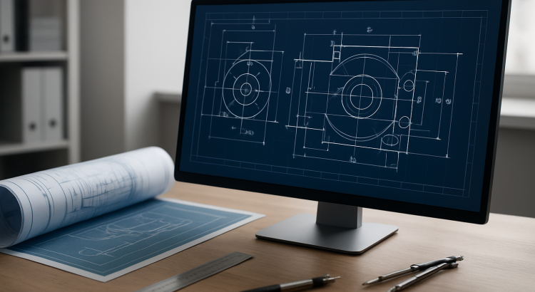 A computer screen displaying blueprints and engineering drawings alongside rolled up architectural plans on a wooden des