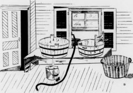 An old-fashioned kitchen scene with wooden buckets and a hose, depicting historical aspects of economic practices.