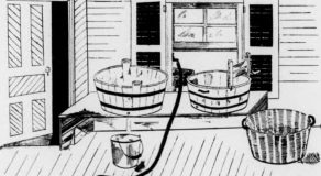 An old-fashioned kitchen scene with wooden buckets and a hose, depicting historical aspects of economic practices.