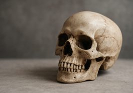 A close-up view of a human skull resting on a neutral background, symbolizing death.