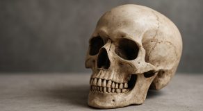 A close-up view of a human skull resting on a neutral background, symbolizing death.